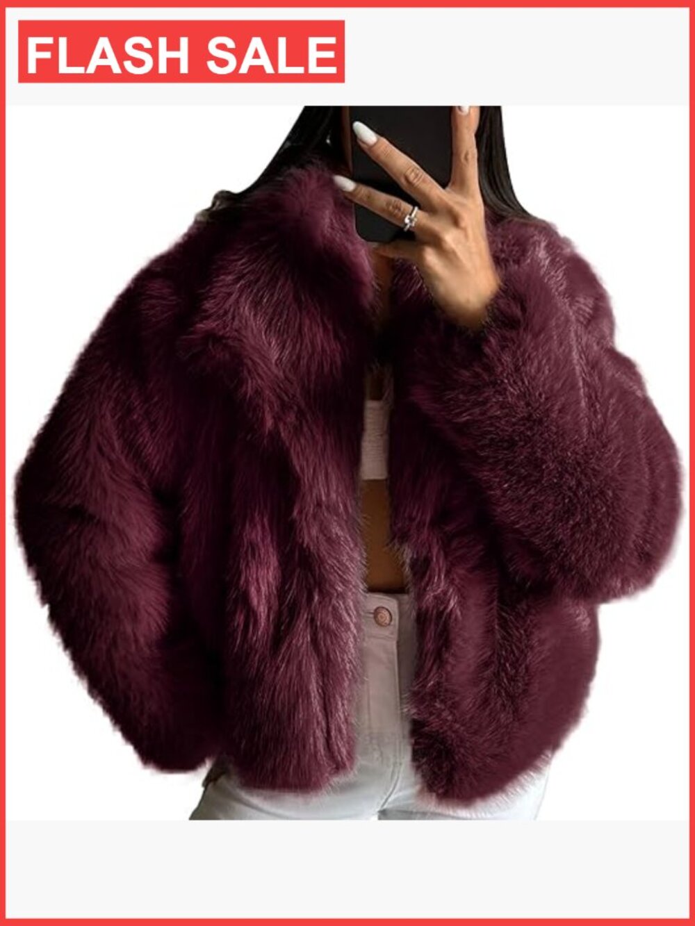 CROPPED FAUX FUR JACKET FLUFFY LONG SLEEVE LAPEL BUTTON DOWN WINTER COAT
